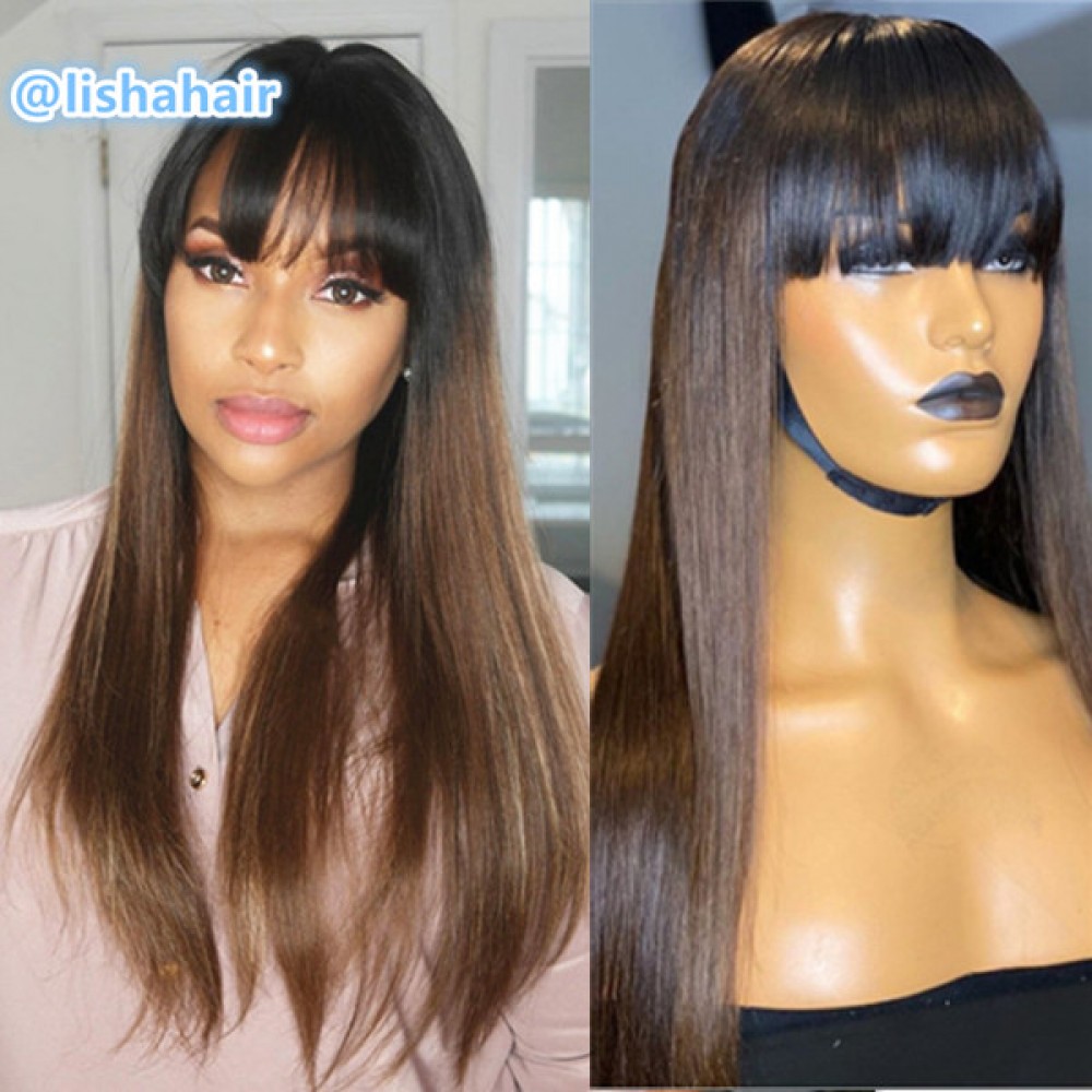 1b 30 Ombre Bang Human Hair Lace Front Wigs With Bang Silk Straight Wigs Lishahair Ls5251