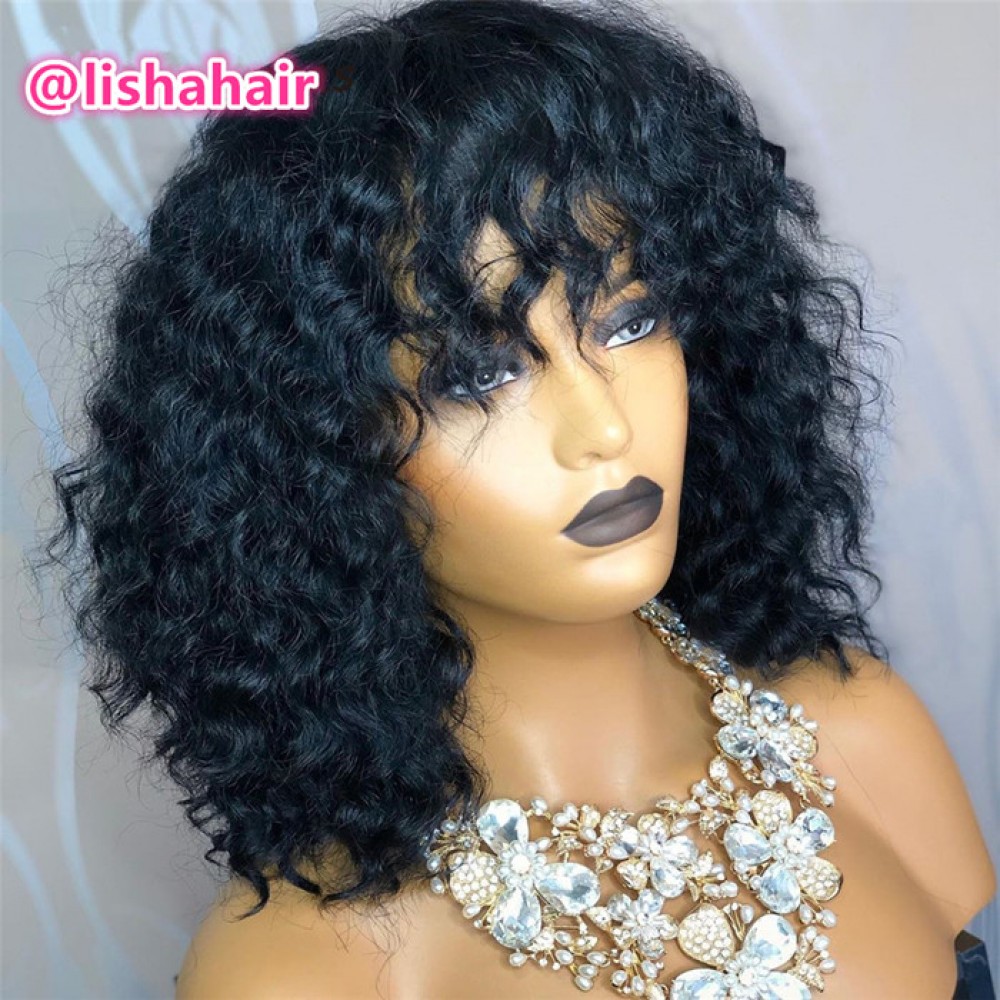 Curly Style Short Bang Bob Human Hair Lace Front Wig Virgin Brazilian ...