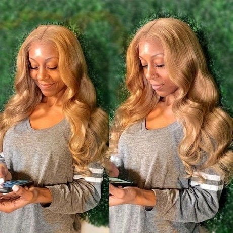 Honey blonde color 27 13x4 transparent lace frontal wig 180% density 