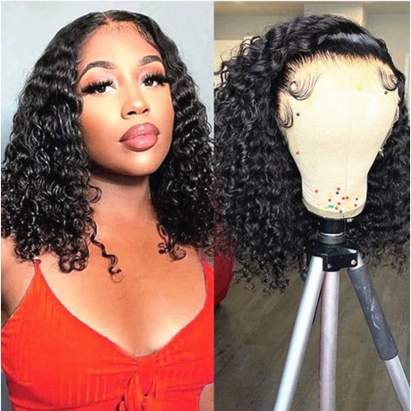 180% density water wave curly bob Lace Front Human Hair Wigs Pre ...