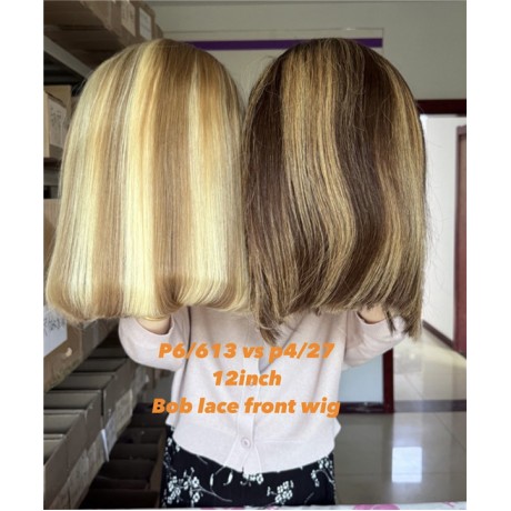 highlights Colored Lace Front Human Hair Wigs 13x4 Short BOB Wig 180% density p4/27 vs p6/613