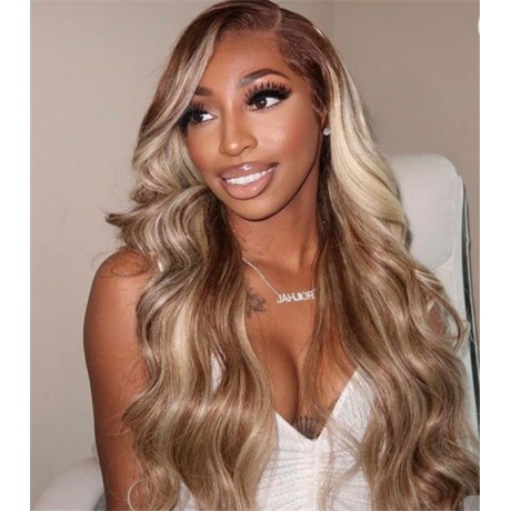 Brown Blonde highlights colored P6/613  human  hair transparent lace front wig 180% density 