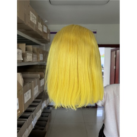 Lemon Yellow colored bob lace front wig Indian virgin human hair style 