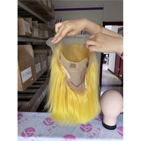 Lemon Yellow colored bob lace front wig Indian virgin human hair style 