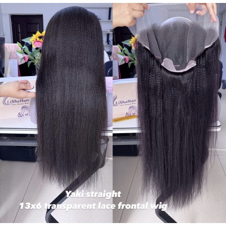 LIGHT YAKI straight virgin  Indian human hair 13x6 transparent Lace Frontal WIG FOR BLACK WOMEN 180% density