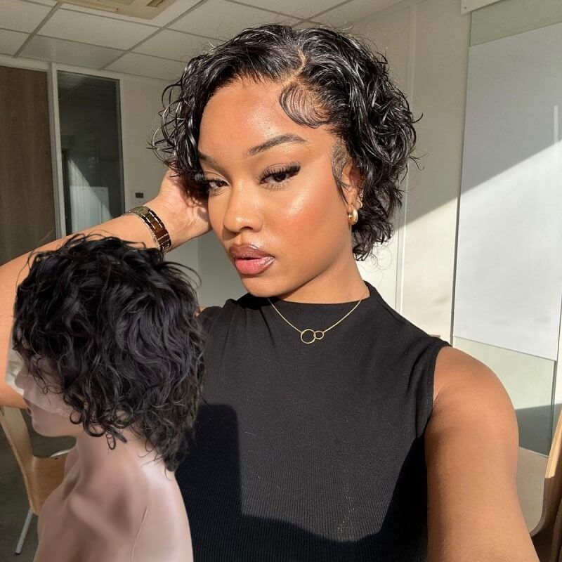 6 Inch Short Pixie Cut Wig wavy Human Hair Full Lace Bob Wigs For Women