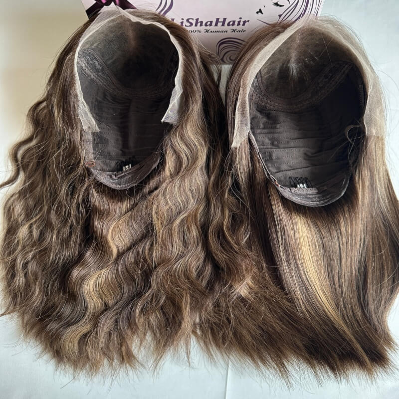 Glueless HD Lace Front Wig 100% European Raw Human Hair 18 Inch Highlights balayage Brown color 