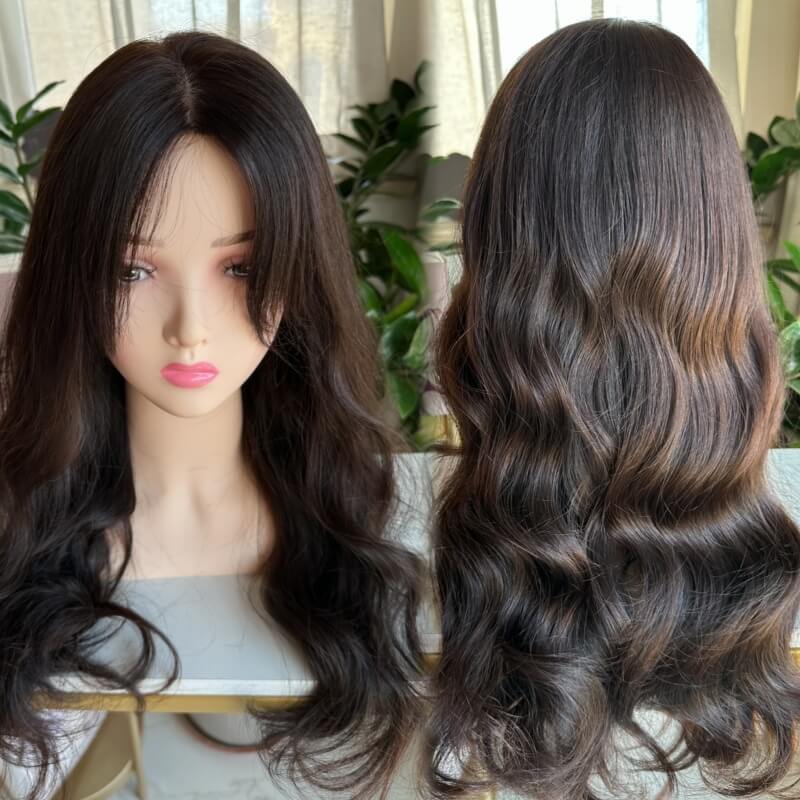 Body Wave Silk Base Wig 100% Hair Human Virgin Hair Dark Brown Color wavy hair style